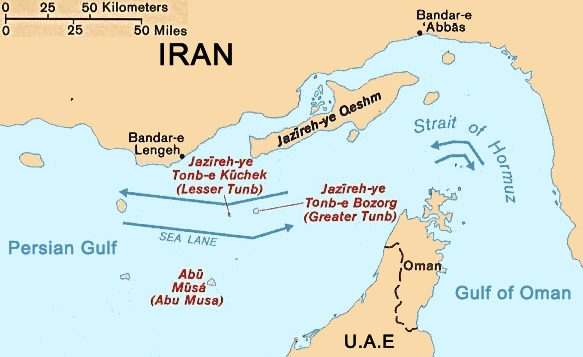 Mapa del estrecho de Ormuz con las rutas marítimas señaladas entre el golfo Pérsico y el golfo de Omán.