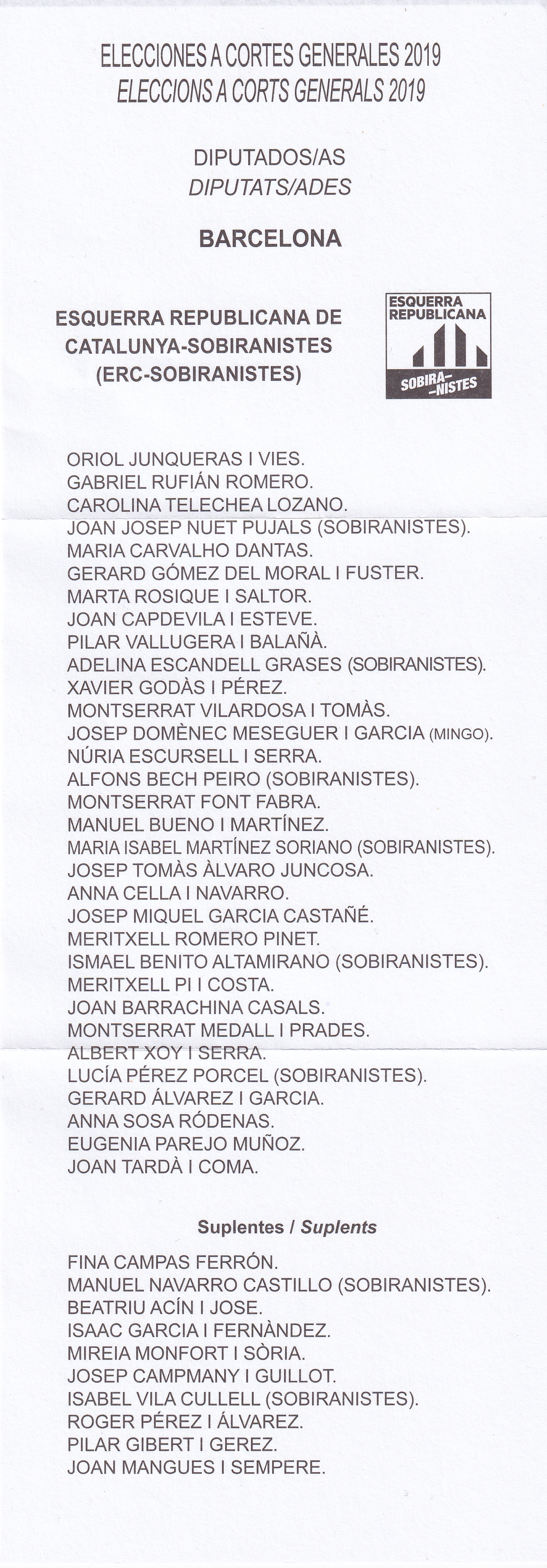 Papeleta electoral con el nombre de Esquerra Republicana de Catalunya-Sobiranistes y una lista de candidaturas.
