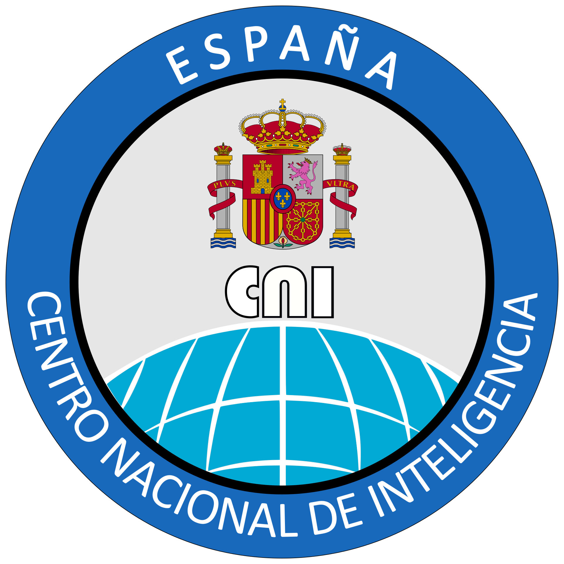 Emblema circular con un escudo en el centro.
