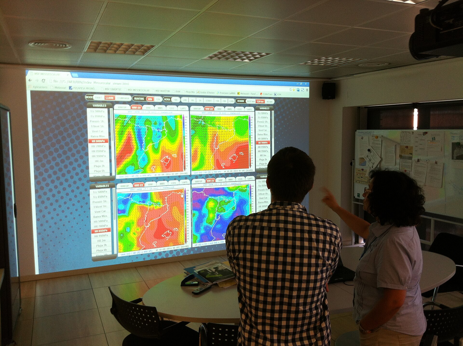 Dos técnicos observan mapas meteorológicos proyectados en una sala de trabajo.