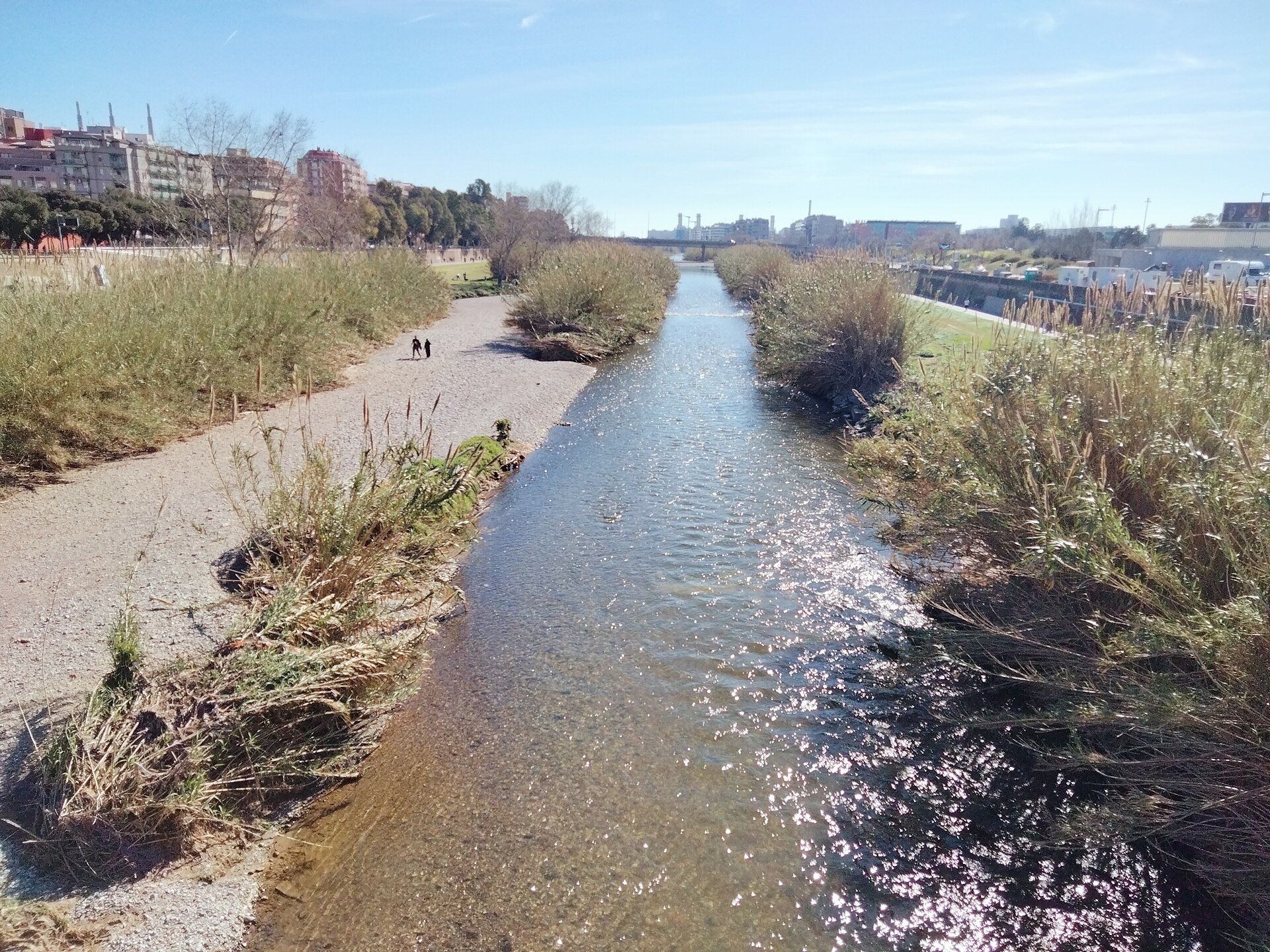 Un río de poco caudal atraviesa una zona con vegetación, un camino y edificios.