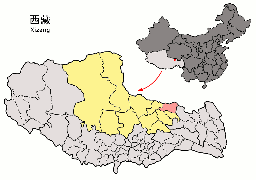 Mapa administrativo con una división resaltada en rosa y su ubicación señalada en un mapa de China.