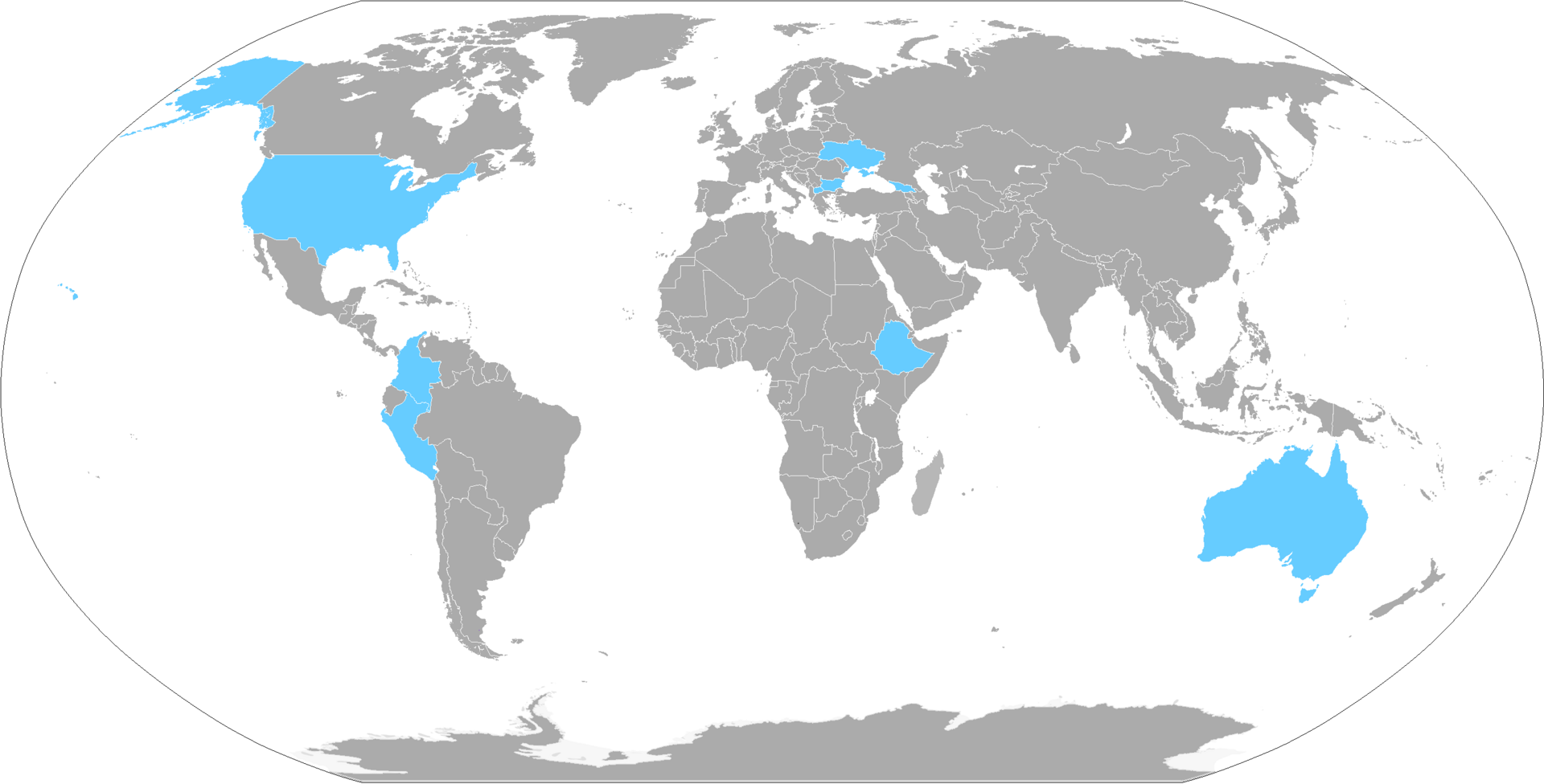 Mapa del mundo con varios países coloreados en azul.
