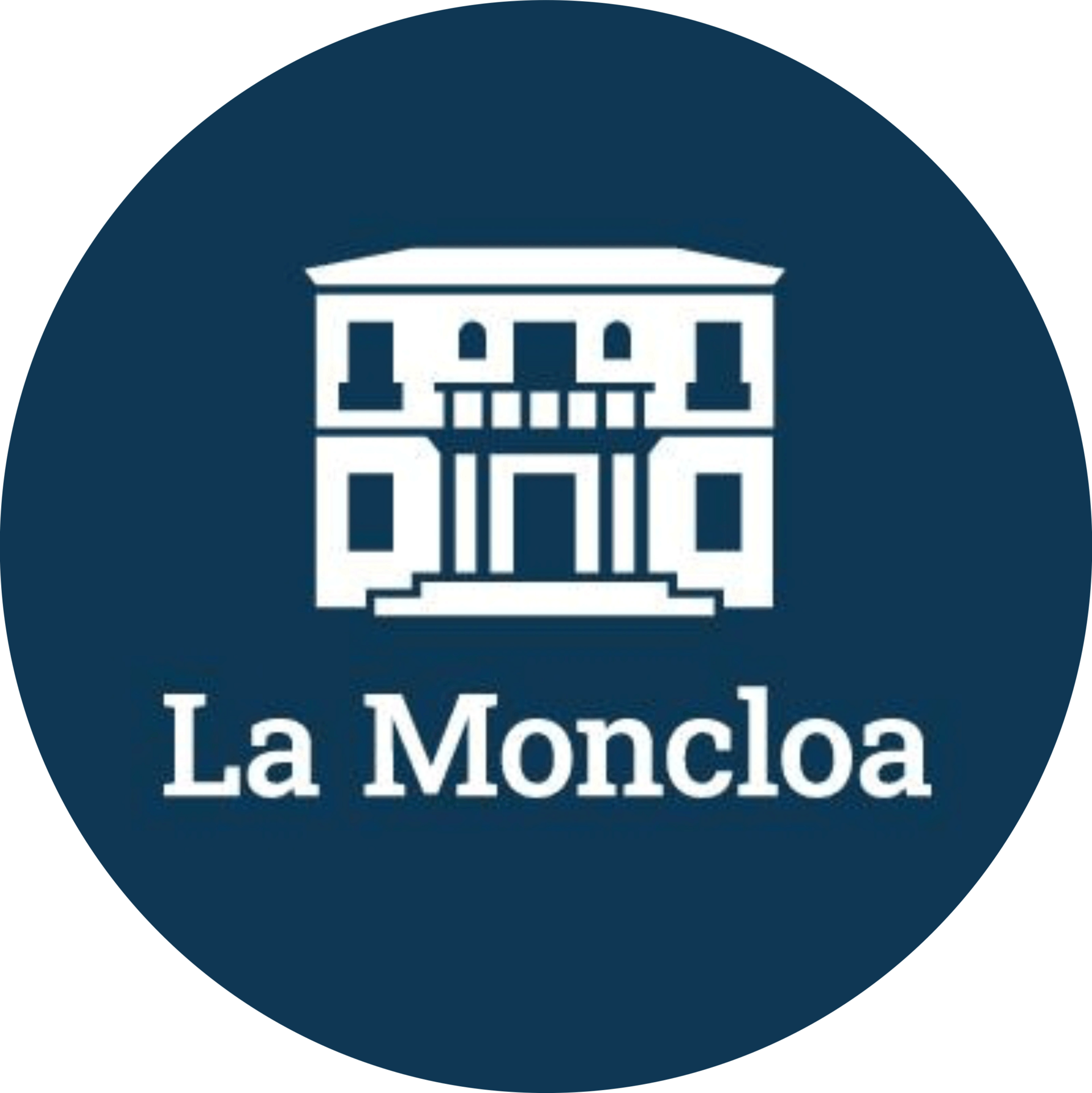 Logotipo con una ilustración de un edificio institucional.