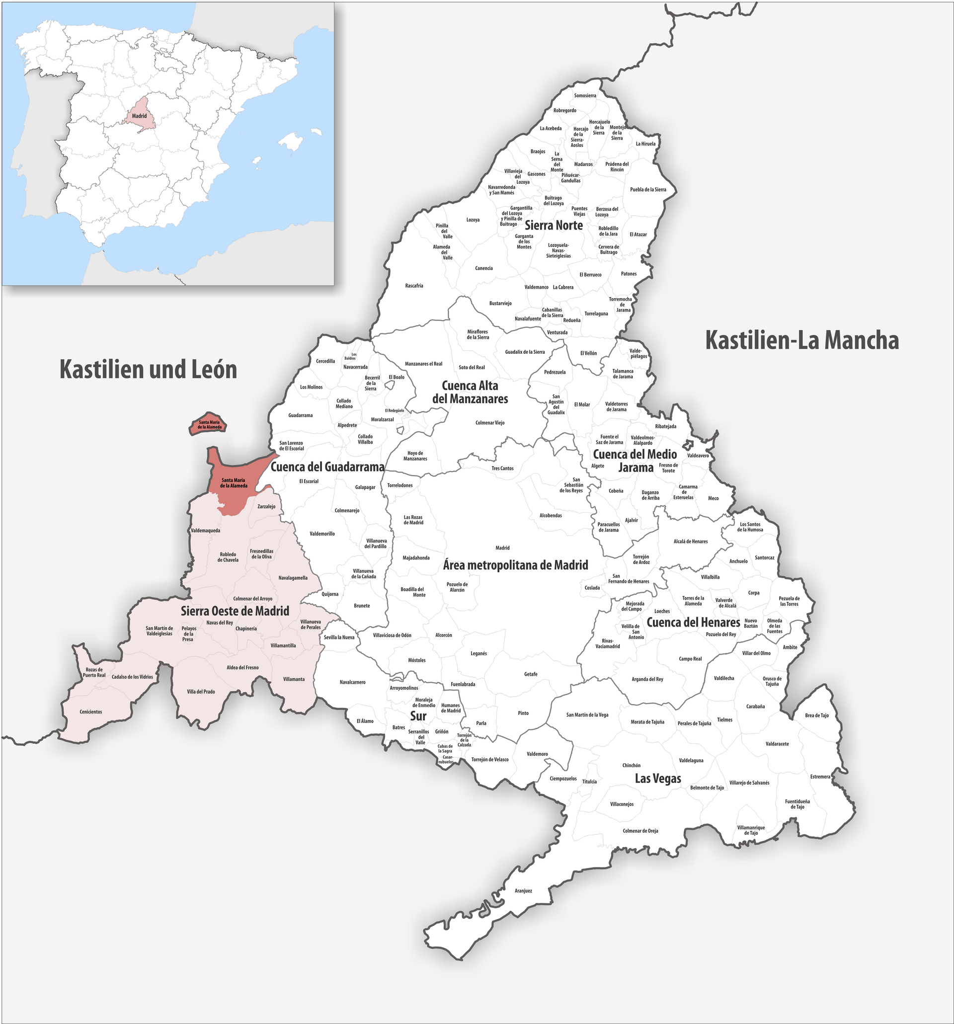 Mapa de la Comunidad de Madrid con el municipio de Santa María de la Alameda resaltado; el mapa está rotulado en alemán.